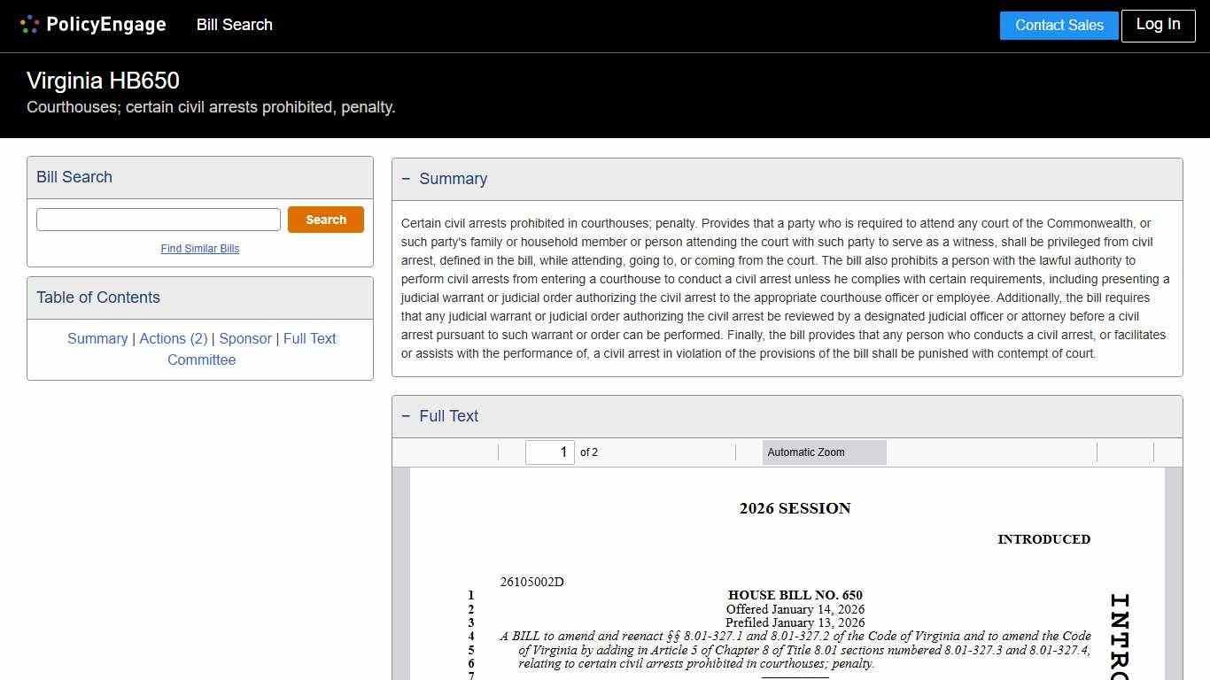 HB650 Virginia 2026 Courthouses; certain civil arrests prohibited, penalty. - Legislative Tracking PolicyEngage