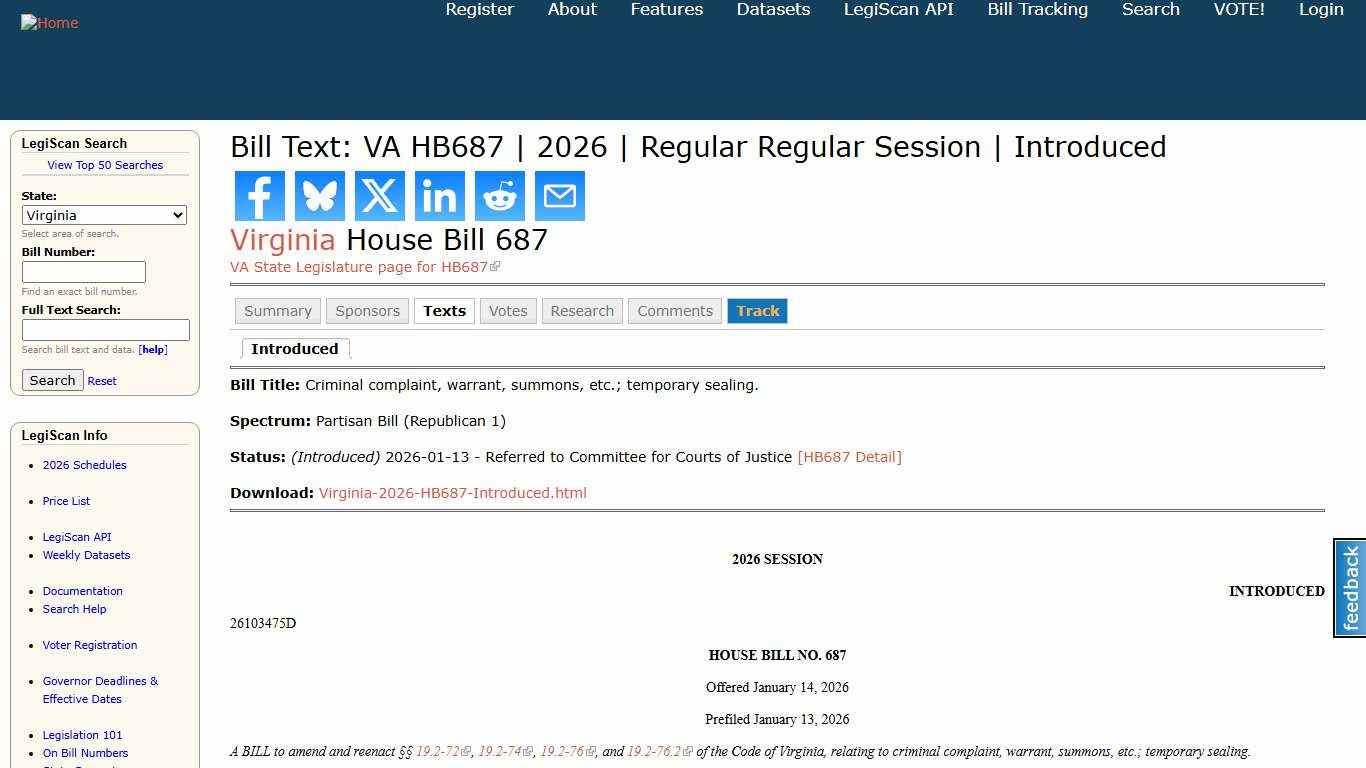 Bill Text: VA HB687 2026 Regular Regular Session Introduced LegiScan