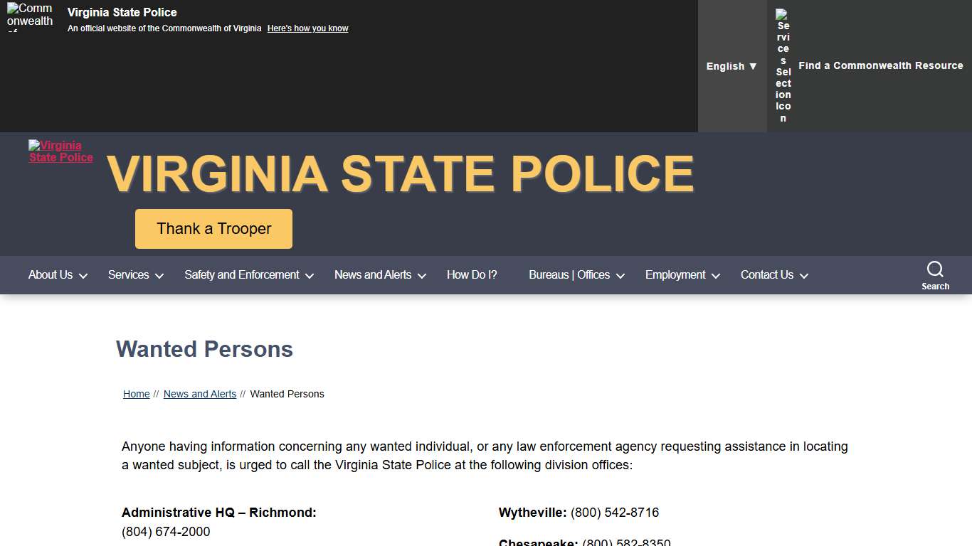 Wanted Persons – Virginia State Police